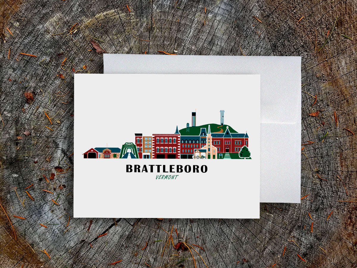 Greeting card with image of buildings arranged in a city skyline with the text Brattleboro Vermont.