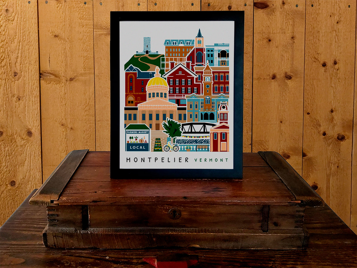Framed vertical poster with buildings and landmarks in a stacked arrangement with the text Montpelier Vermont.
