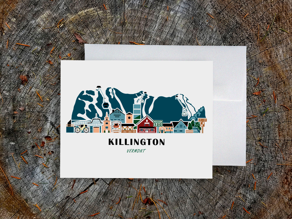 Greeting card with image of buildings arranged in a city skyline with the text Killington Vermont