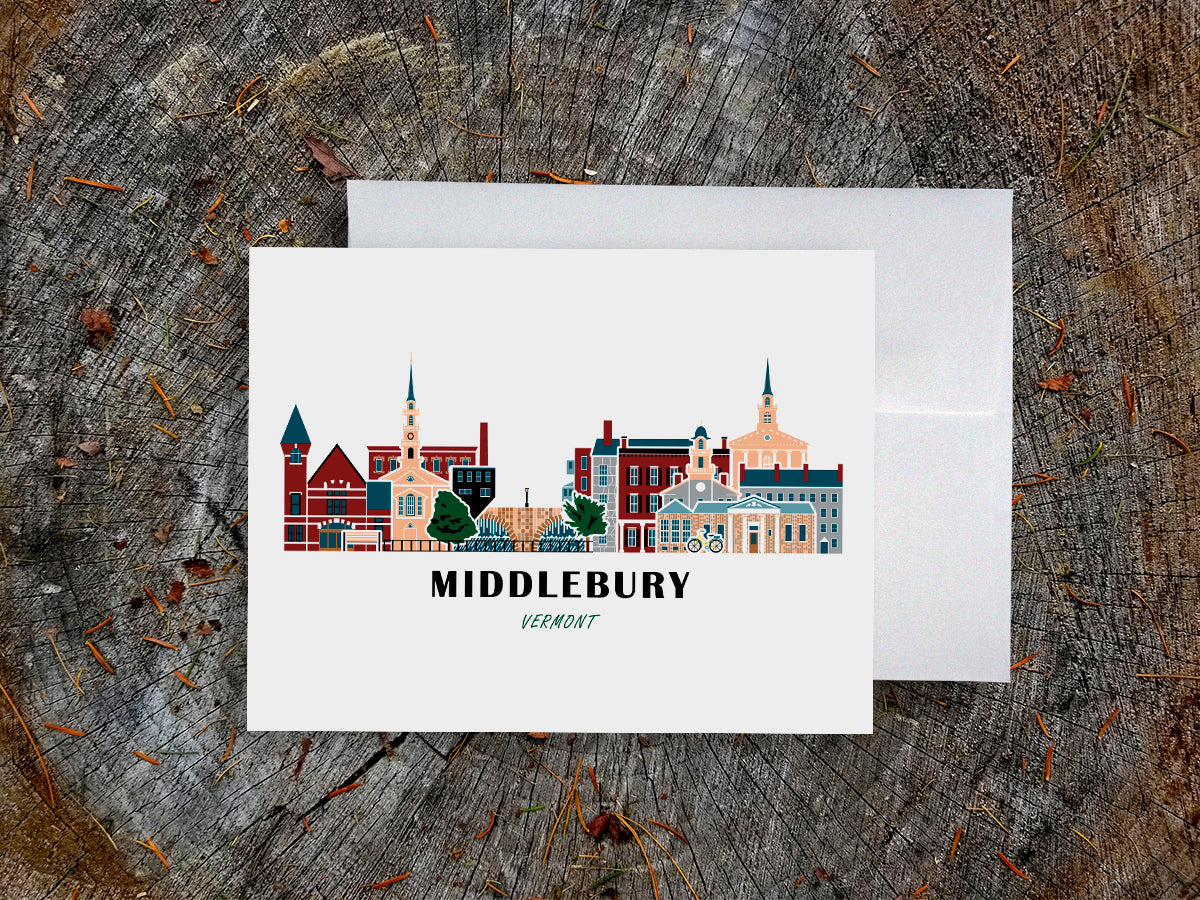 Greeting card with image of buildings arranged in a city skyline with the text Middlebury Vermont
