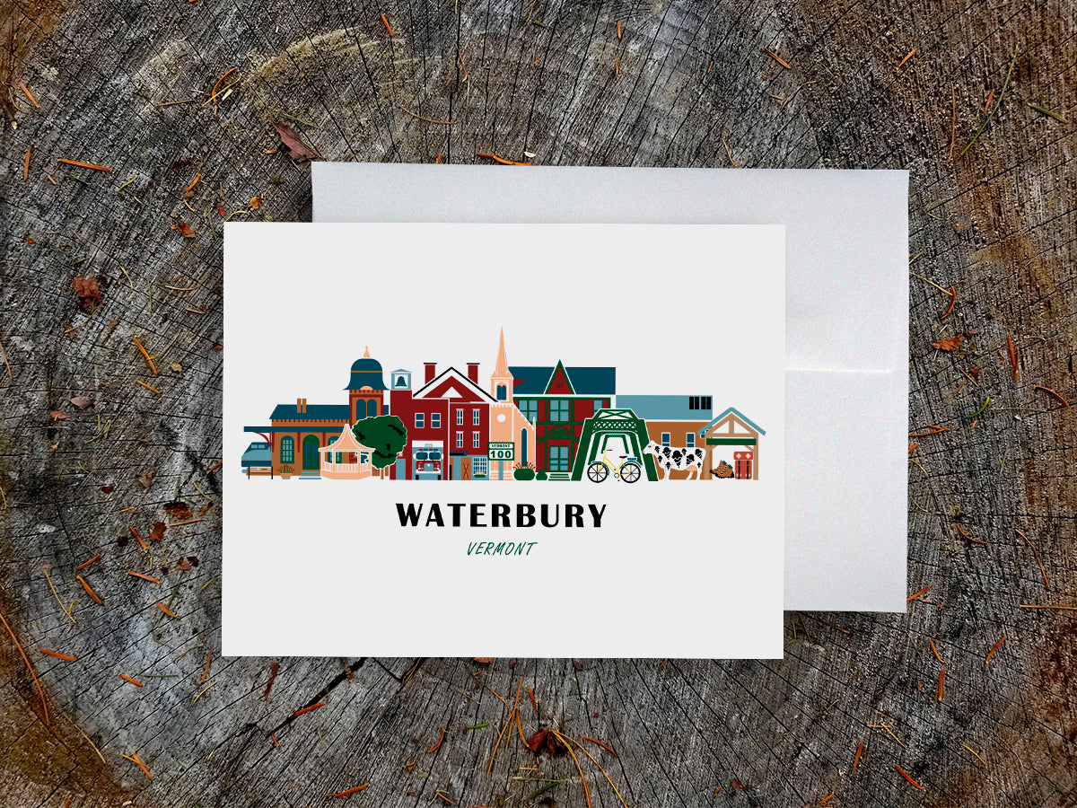 Greeting card with image of buildings arranged in a city skyline with the text Waterbury Vermont