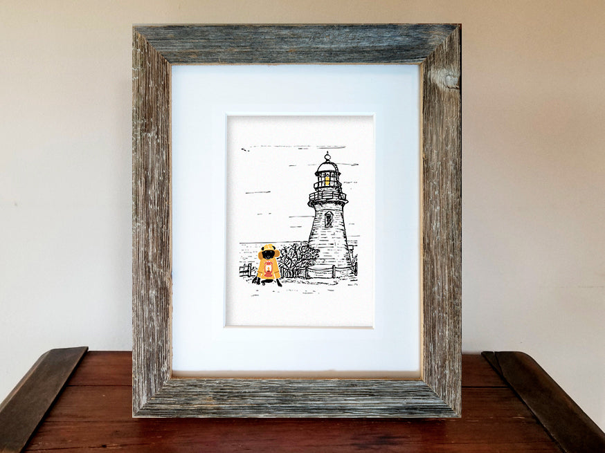 Framed art print with illustration of a dog in a yellow fisherman's jacket with lighthouse in the background.