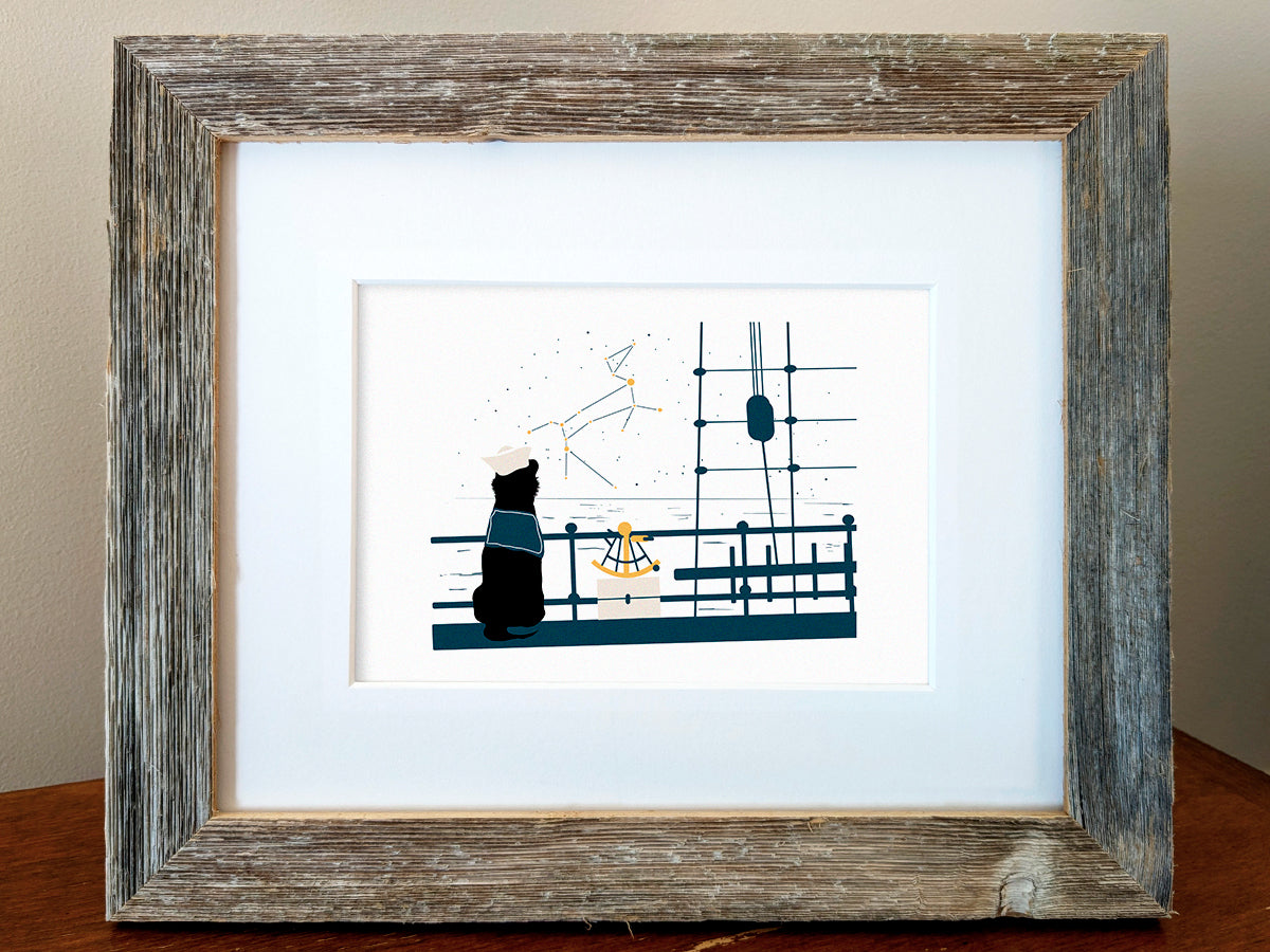 Framed art print with illustration of a dog looking at a constellation from a ship with a sextant.