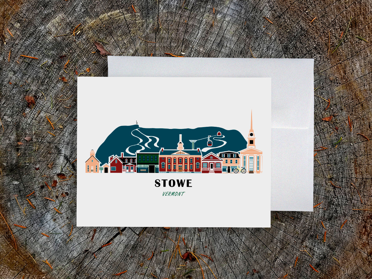 Greeting card with image of buildings arranged in a city skyline with the text Stowe Vermont