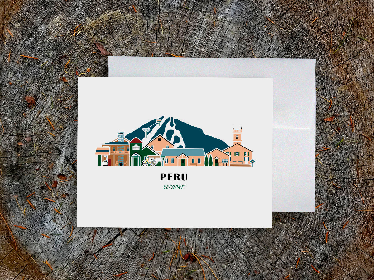 Greeting card with image of buildings arranged in a city skyline with the text Peru Vermont
