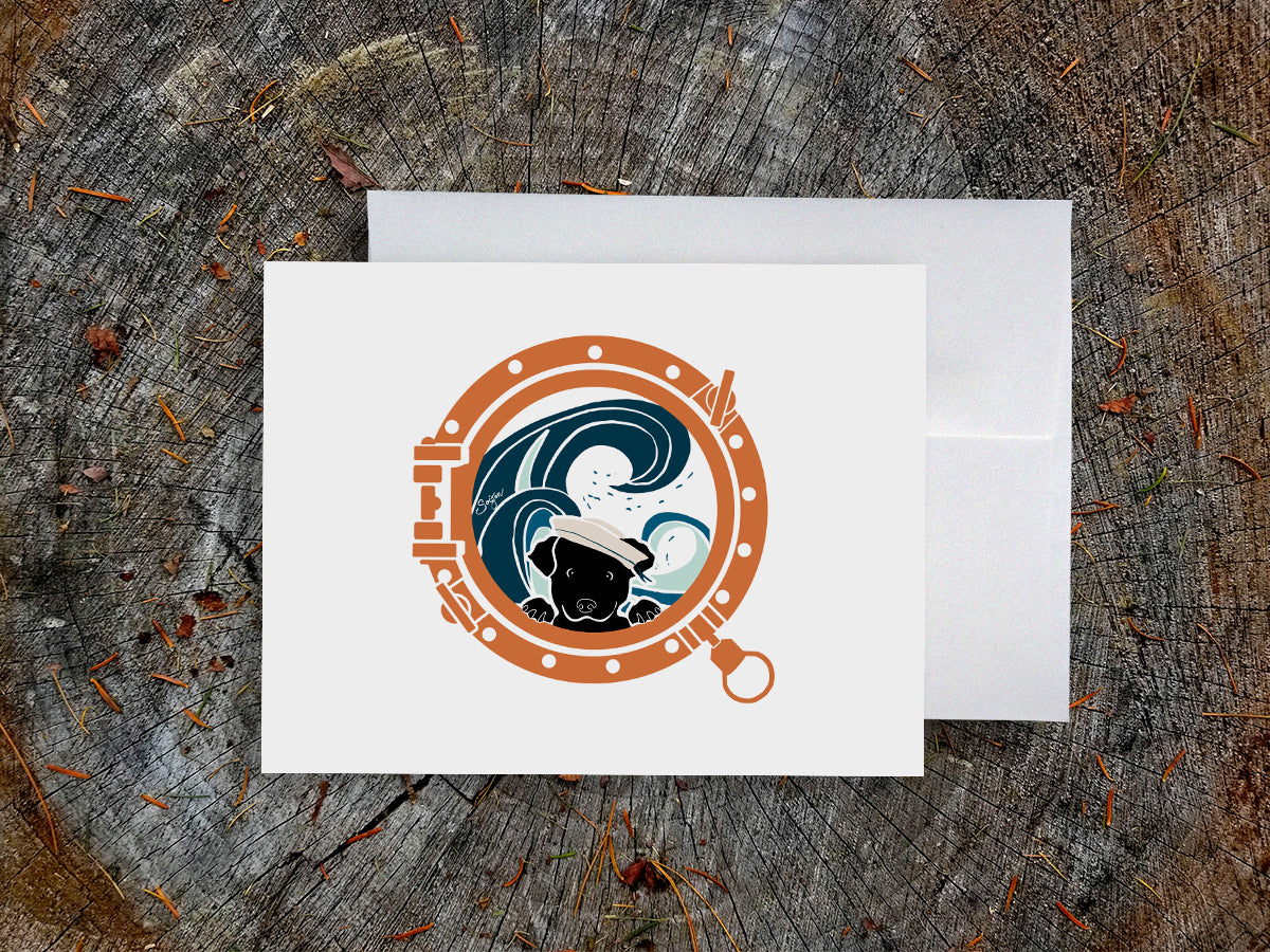 Greeting card with image of a dog looking through a porthole.