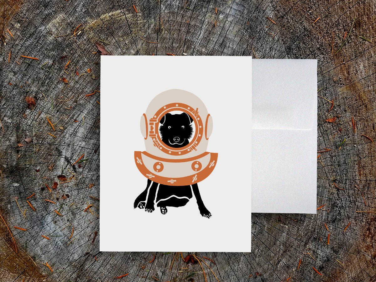 Greeting card with image of a dog with a scuba diving helmet