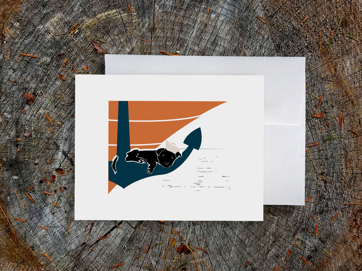 Greeting card with image of a dog sleeping on an anchor
