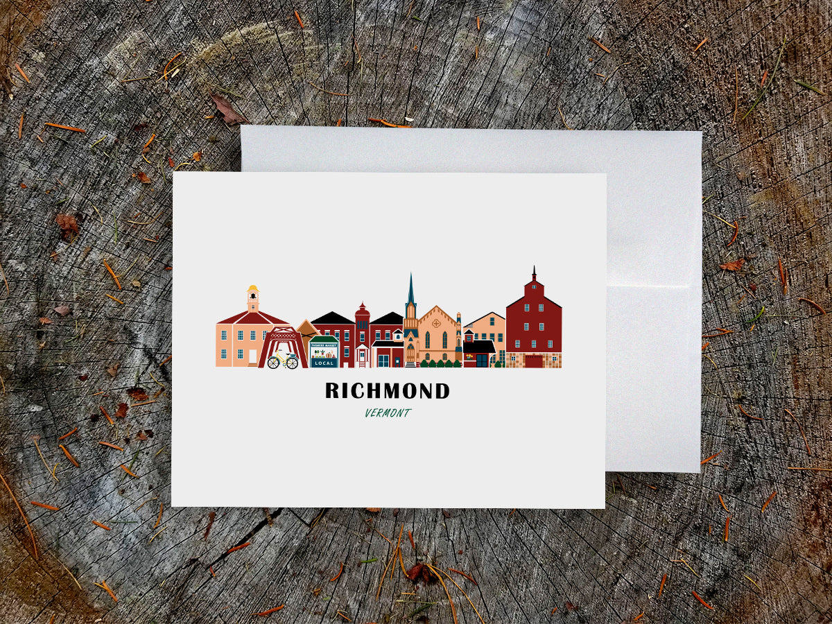 Greeting card with image of buildings arranged in a city skyline with the text Richmond Vermont