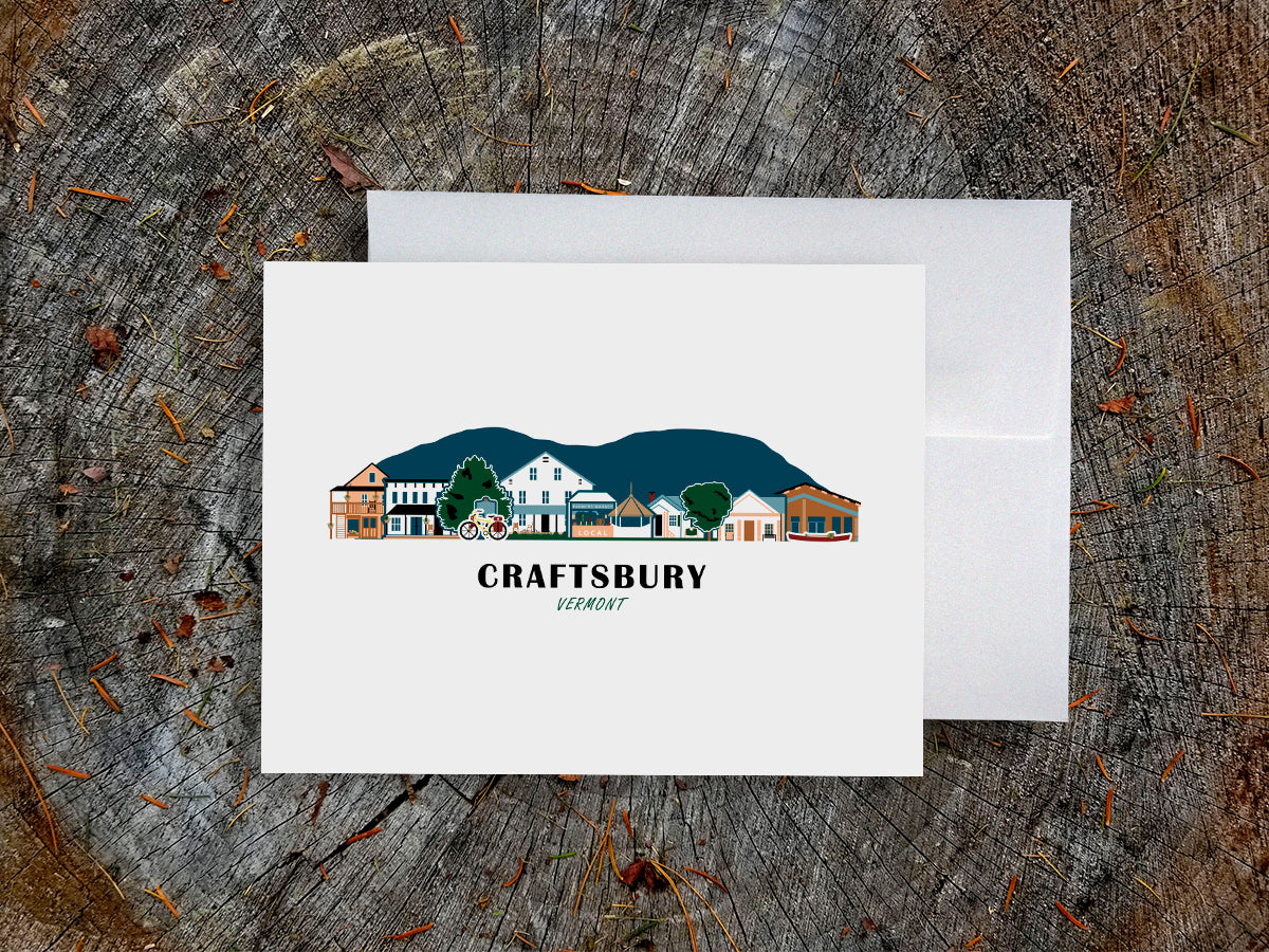 Greeting card with image of buildings arranged in a city skyline with the text Craftsbury Vermont
