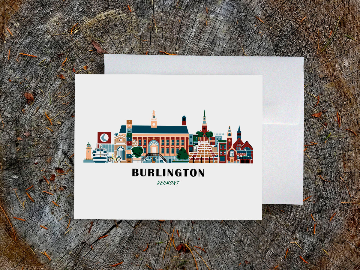Greeting card with image of buildings arranged in a city skyline with the text Burlington Vermont