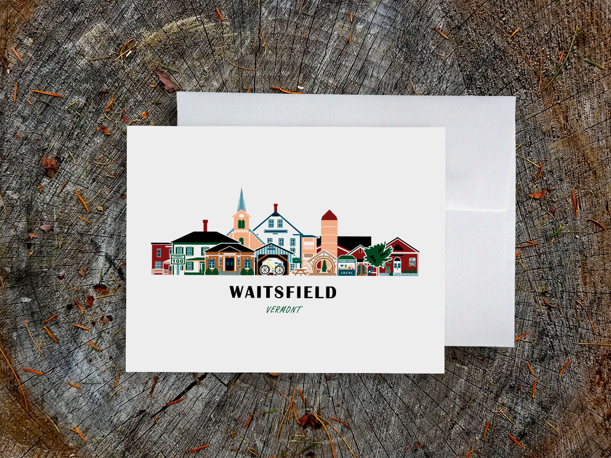 Greeting card with image of buildings arranged in a city skyline with the text Waitsfield Vermont