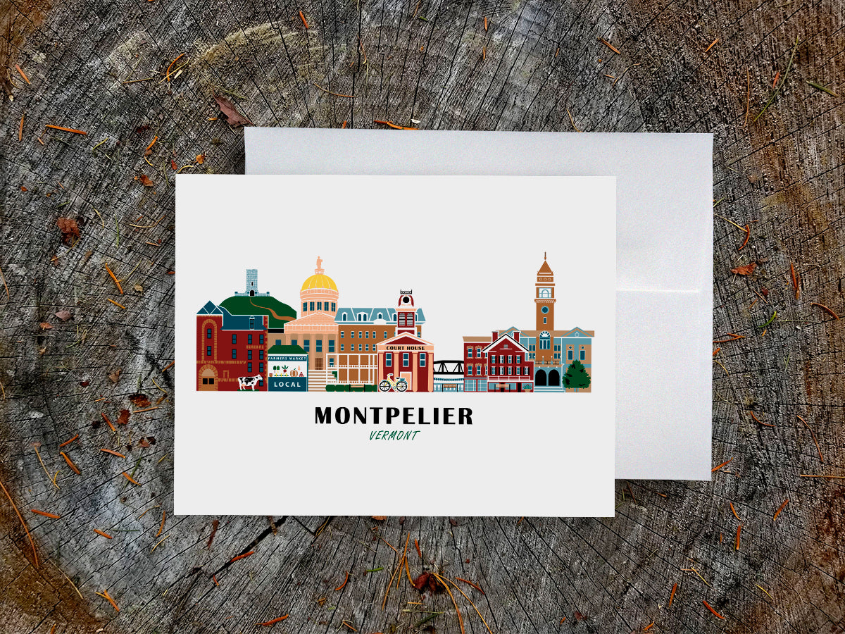 Greeting card with image of buildings arranged in a city skyline with the text Montpelier Vermont.