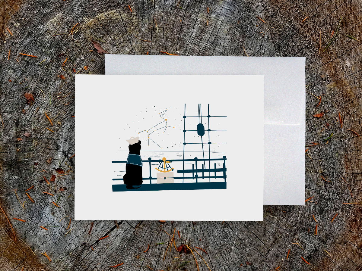 Greeting card with image of a dog with a sextant looking at the stars.