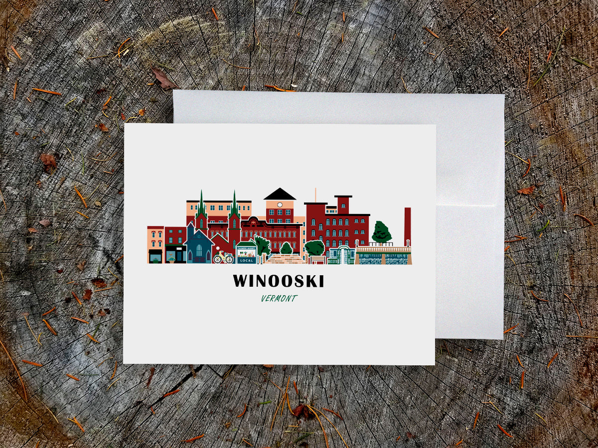 Greeting card with image of buildings arranged in a city skyline with the text Winooski Vermont