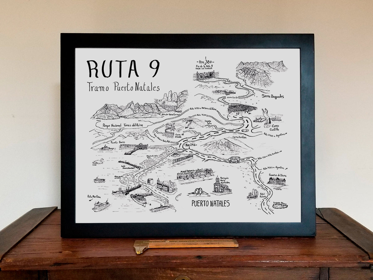 Framed black and white ink illustrated map with title Ruta 9 Tramo Puerto Natales of buildings, mountains and roads along scenic Route 9 of Patagonia Chile.