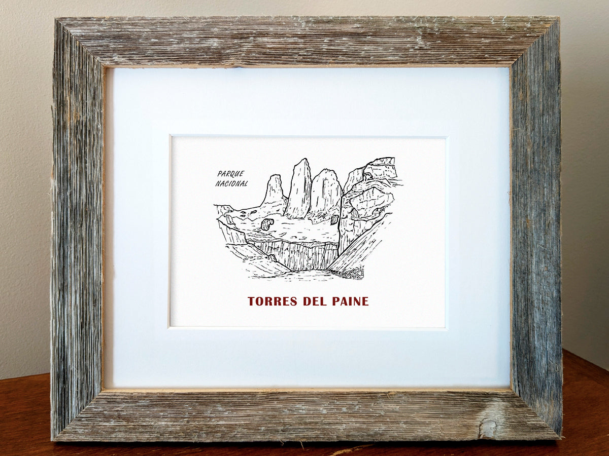 Framed art print of black and white mountains and the text Parque Nacional Torres del Paine