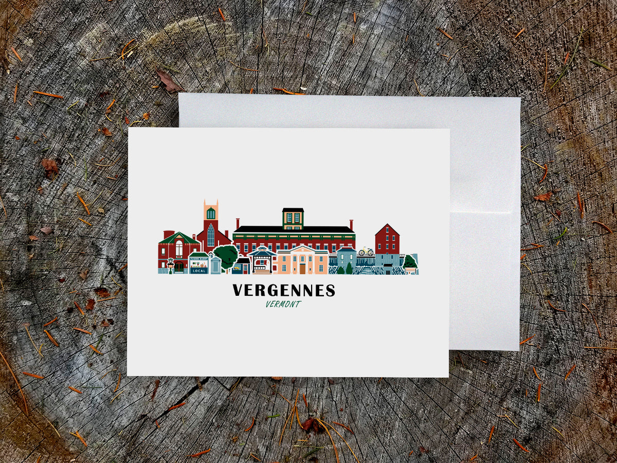 Greeting card with image of buildings arranged in a city skyline with the text Vergennes Vermont