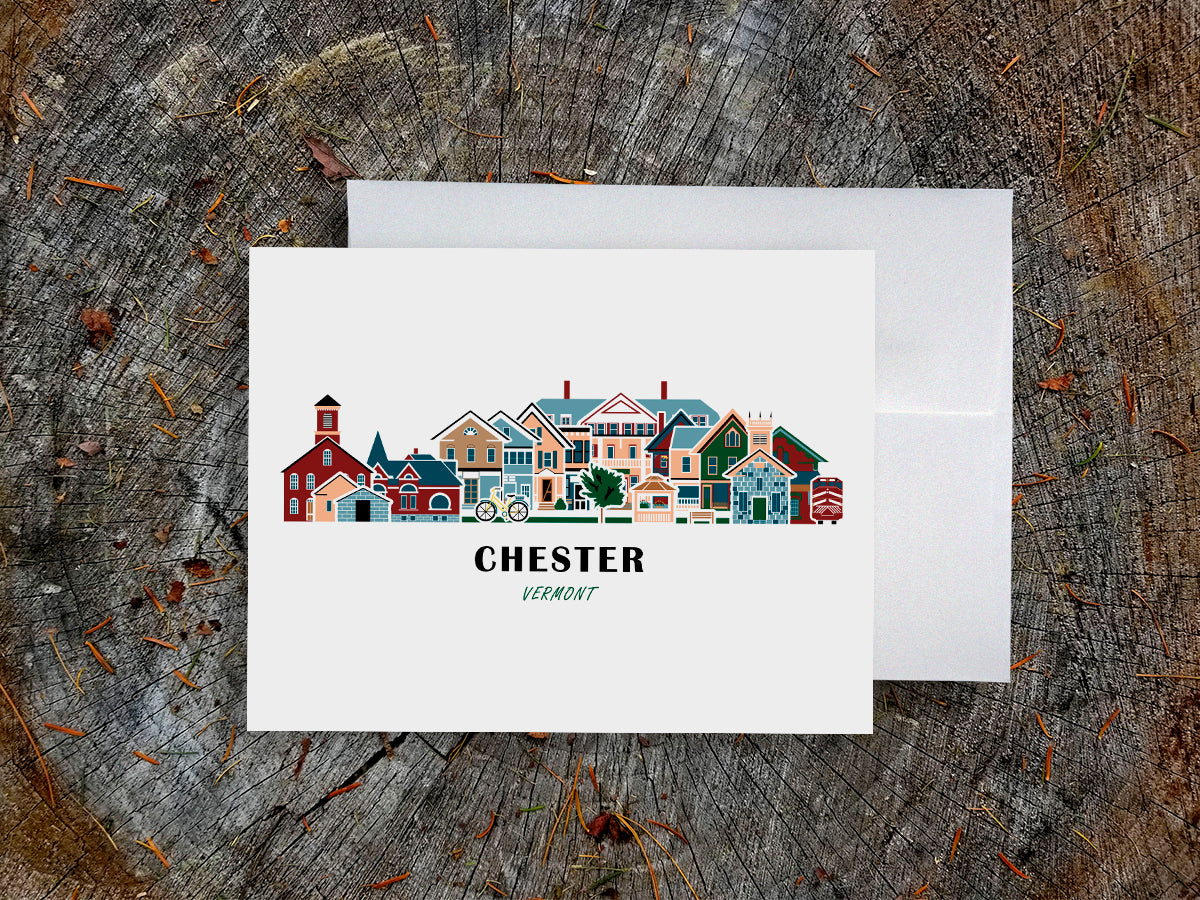 Greeting card with image of buildings arranged in a city skyline with the text Chester Vermont