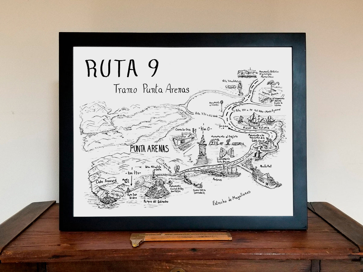 Framed black and white ink illustrated map with title Ruta 9 Tramo Punta Arenas of buildings, mountains and roads along scenic Route 9 of Patagonia Chile.