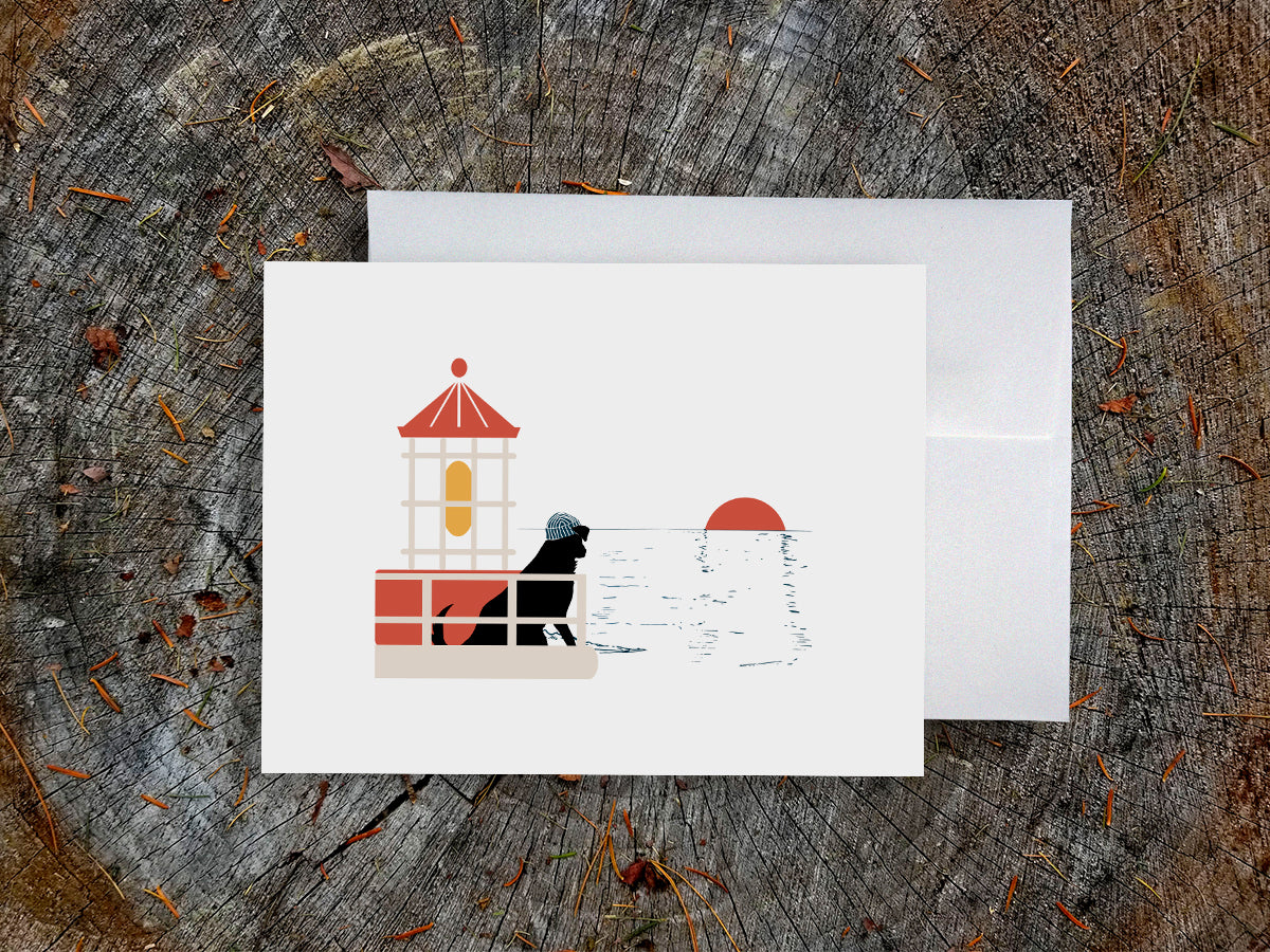 Greeting card with image of a dog in a lighthouse.