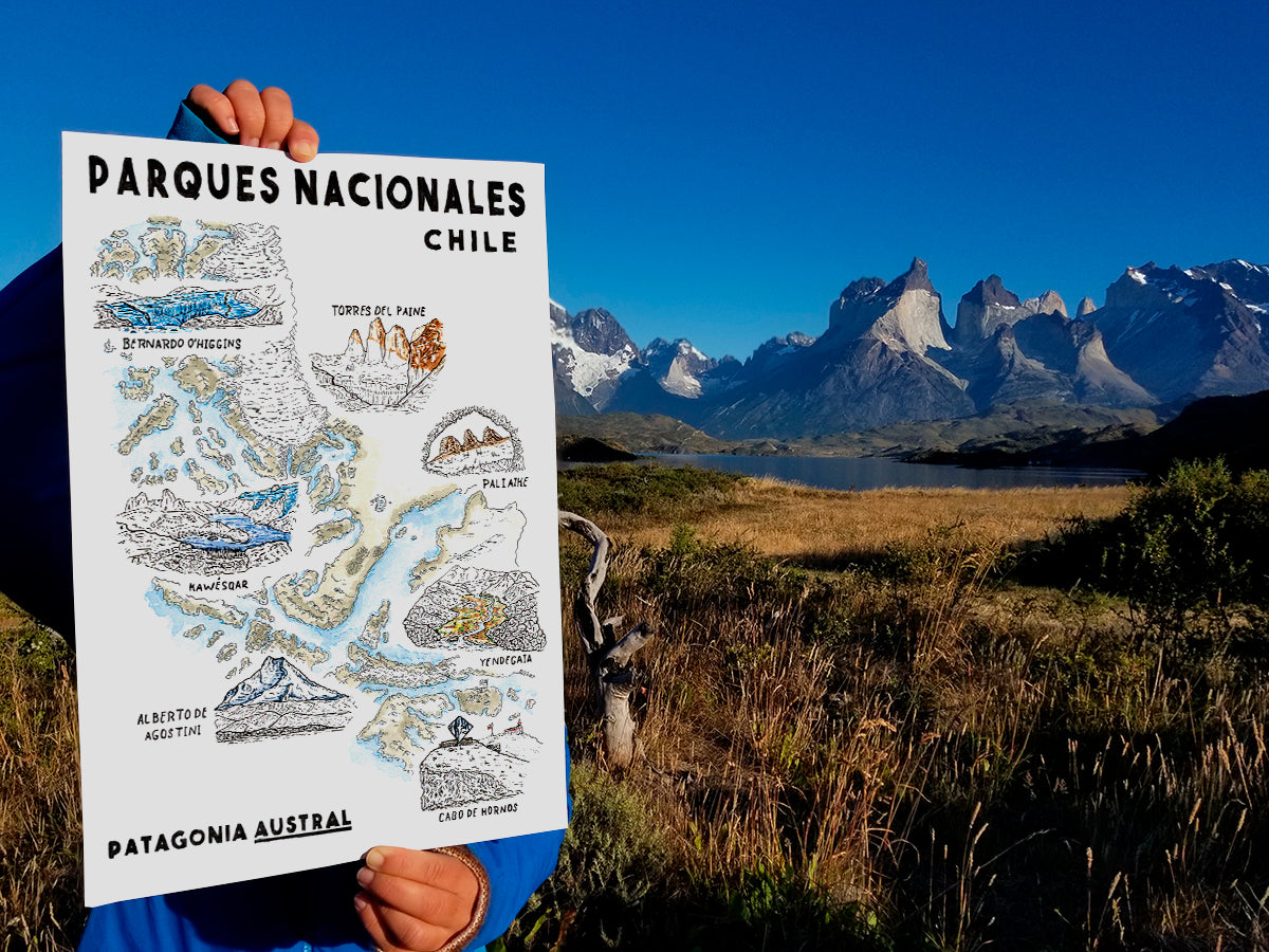 Vertical poster featuring an ink illustrated map of southern Chile with the national parks colored with watercolor. Poster title reads Parques Nacionales Chile, Patagonia Austral. In the background of the photo are the mountains of Torres del Paine National Park.
