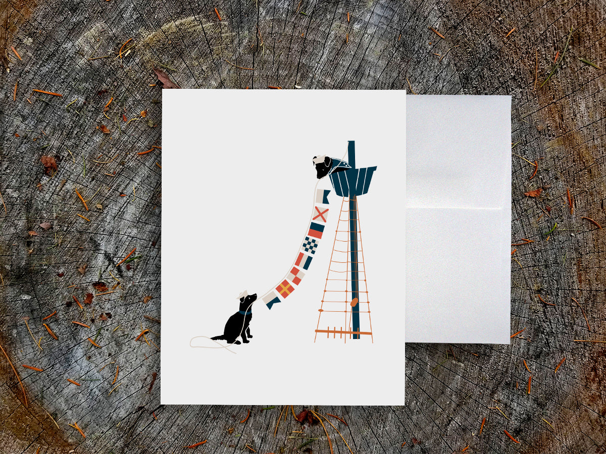 Greeting card with image of two dogs hanging nautical flags on a ship.