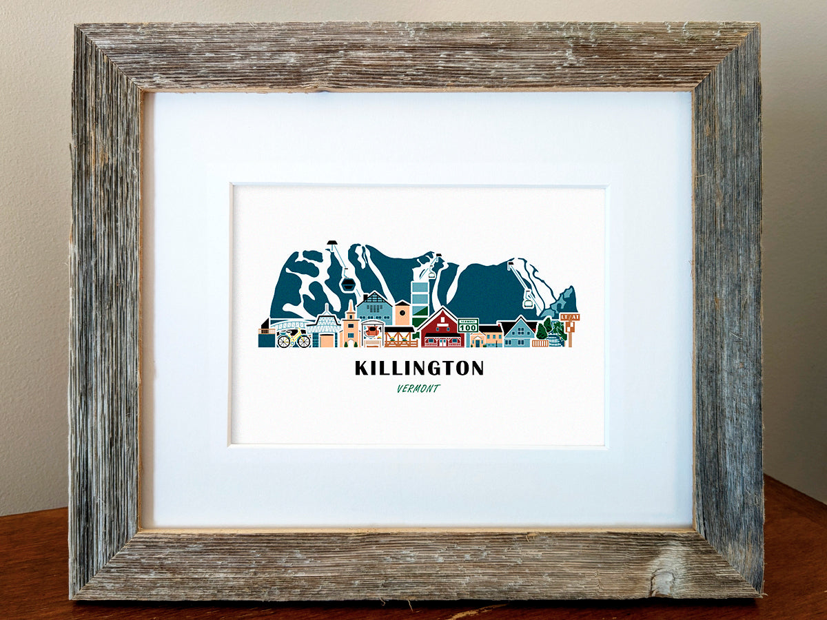 Framed art print of buildings arranged in a skyline with the text Killington Vermont