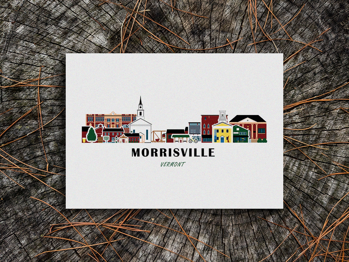 Art print of buildings arranged in a skyline with the text Morrisville Vermont