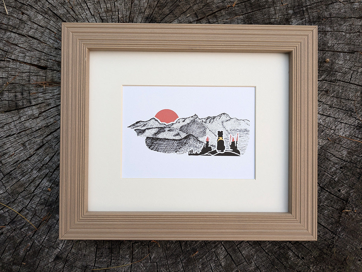 Montañas - Sunset Hiking Dog Art Print