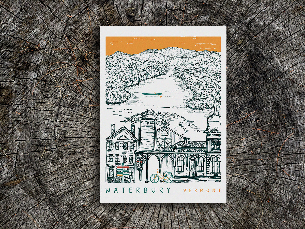 Pen and ink illustration of Waterbury Vermont with the reservoir in the background.