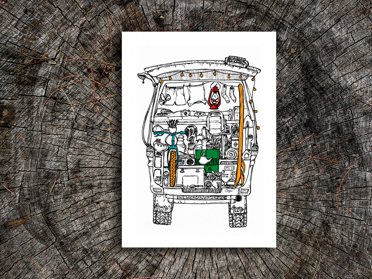 Illustration of a camper van filled with gear on a wood surface.