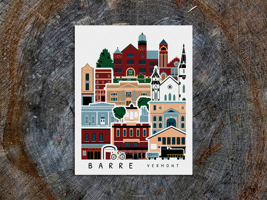 Vertical poster with buildings and landmarks in a stacked arrangement with the text Barre Vermont.