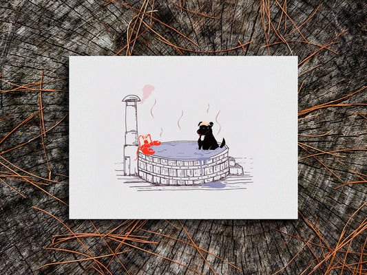Illustration of a dog in a hot tub with a lobster on a wooden surface.