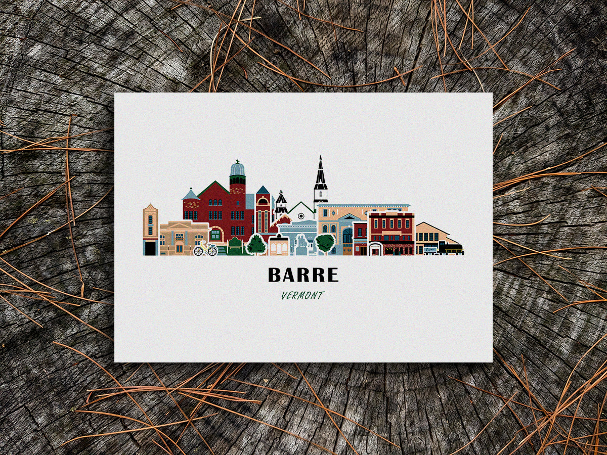 Art print of buildings arranged in a skyline with the text Barre Vermont