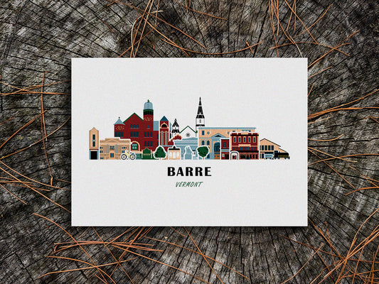 Art print of buildings arranged in a skyline with the text Barre Vermont