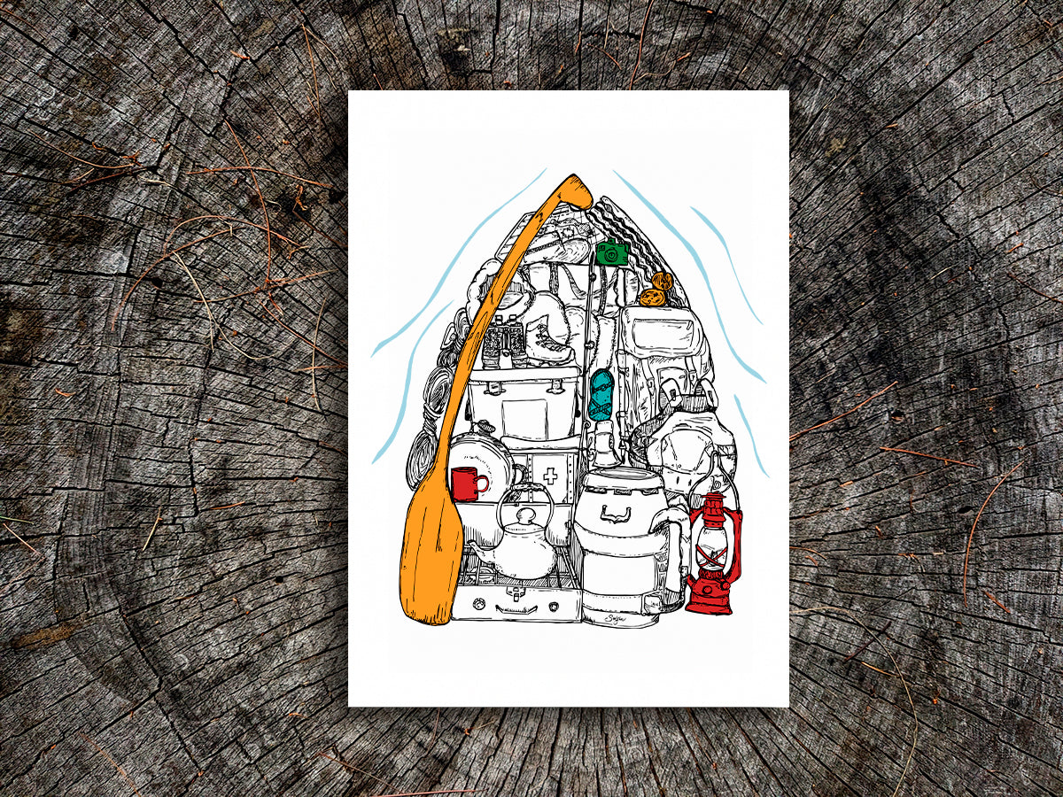 Illustration of a canoe filled with gear on a wood surface.