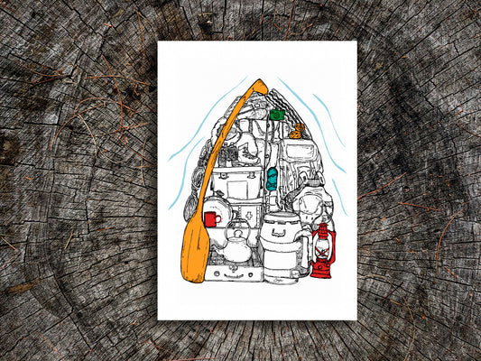 Illustration of a canoe filled with gear on a wood surface.