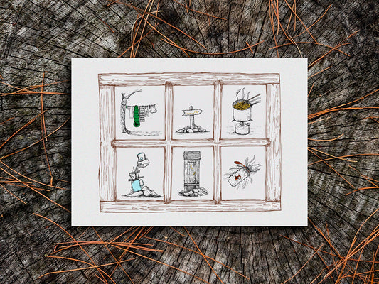 Illustration of a window looking into 6 trail scenes - ramen cooking on a camping stove, gear hanging to dry, an outhouse, a trail maker, water bottle, and pour-over coffee - on a wood surface.