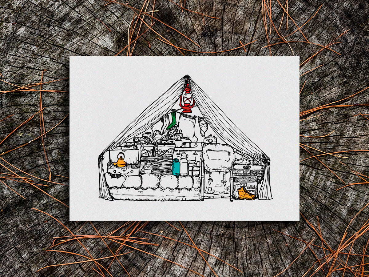 Illustration of a camping tent filled with gear on a wood surface.