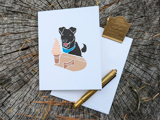 Greeting card with image of black dog looking at a creemee ice cream.