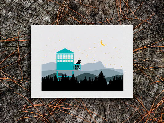 Illustration of a dog in a fire tower overlooking the mountains on a wooden surface.