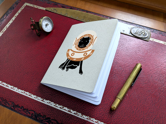 Notebook with dog with a diving helmet with a pen and small compass.
