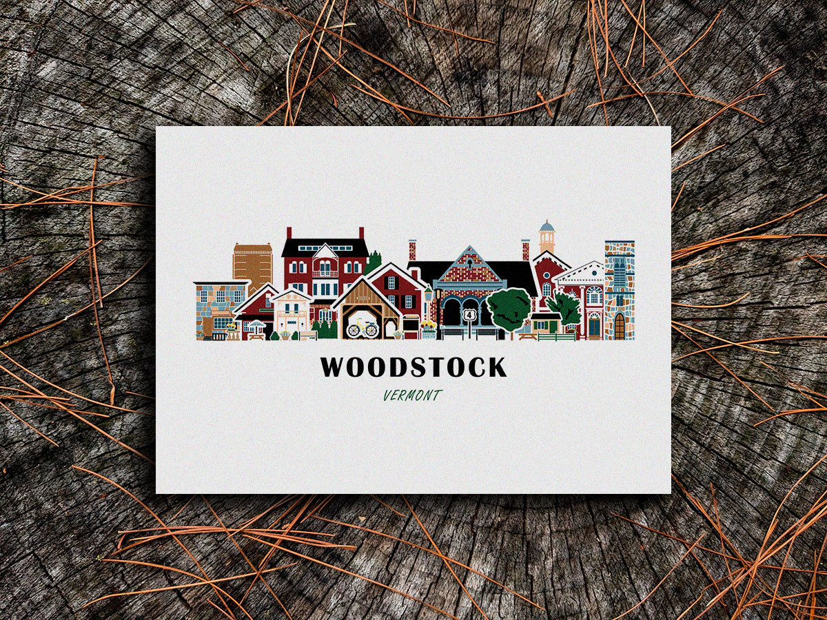 Woodstock, Vermont illustration on a white background with a rustic wooden surface.