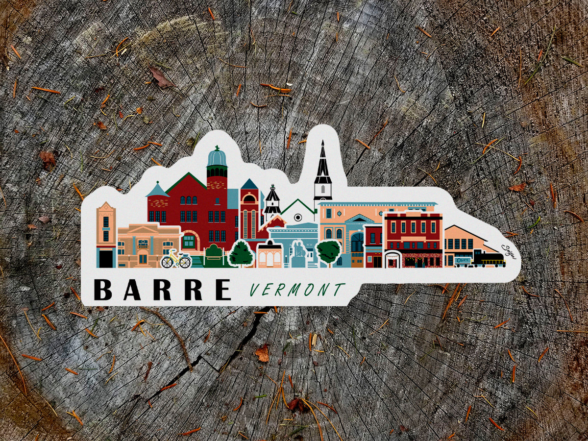 A weatherproof sticker with an illustration of Barre, Vermont, featuring iconic buildings and landmarks.