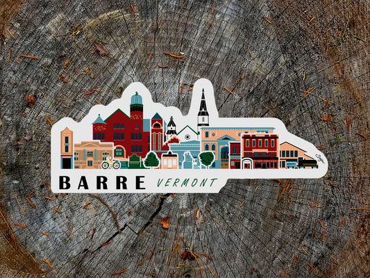A weatherproof sticker with an illustration of Barre, Vermont, featuring iconic buildings and landmarks.