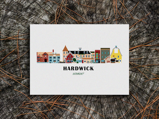 Art print of buildings arranged in a skyline with the text Hardwick Vermont
