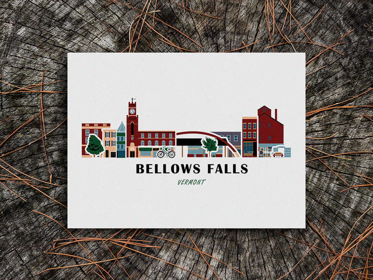 Art print of buildings arranged in a skyline with the text Bellows Falls Vermont