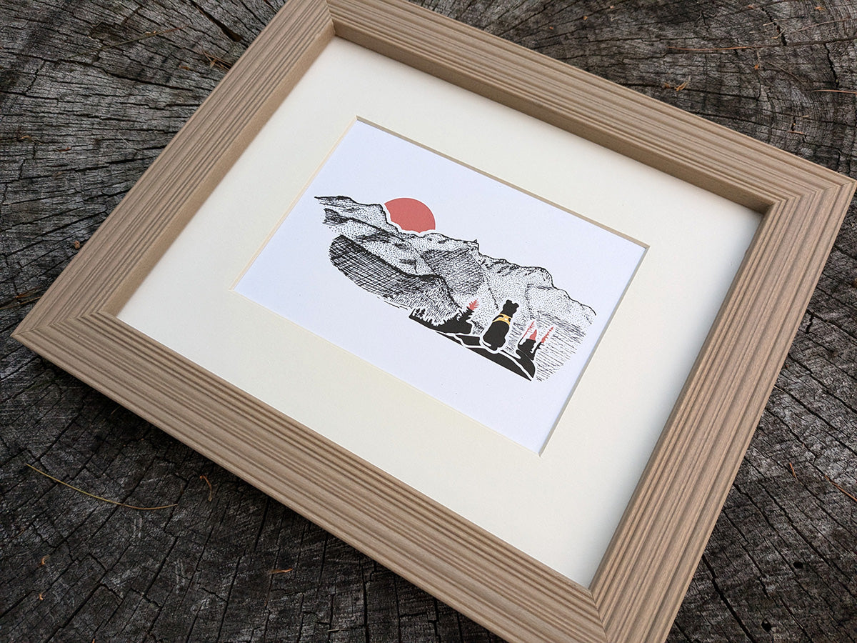 Montañas - Sunset Hiking Dog Art Print