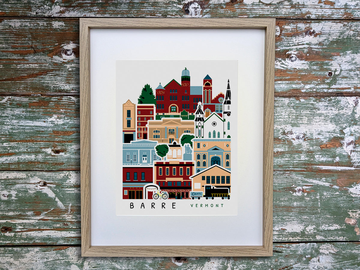 Framed vertical poster with buildings and landmarks in a stacked arrangement with the text Barre Vermont.